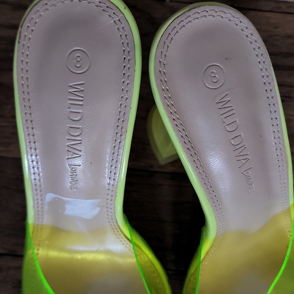 New! Neon Green Transparent Clear Slides Mules Sandals Structured Heels - Picture 7 of 8